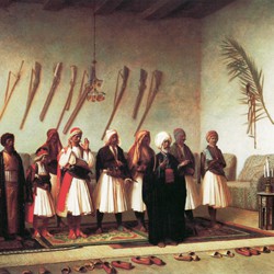 Jean-Léon Gérôme: Prayers at the Home of an Albanian Chieftain (La prière chez un chef arnaoute). Najd Collection, Saudi Arabia.