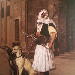 Jean-Léon Gérôme: An Albanian in Syria (Arnaoute de Syrie), also known as An Albanian with Two Whippets, (Arnaoute avec deux chiens whippets), 1867. private collection, Greenwich, Connecticut.