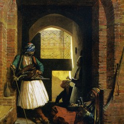 Jean-Léon Gérôme: Albanian Guard in Cairo (Corps de garde d’Arnaoutes au Caire). Hamburger Kunsthalle, Hamburg.
