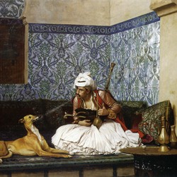 Jean-Léon Gérôme: A Joke - An Albanian Blowing Smoke into his Dog’s Nose (Une plaisanterie - Arnaoute fumant au nez d’un chien), 1882. private collection.